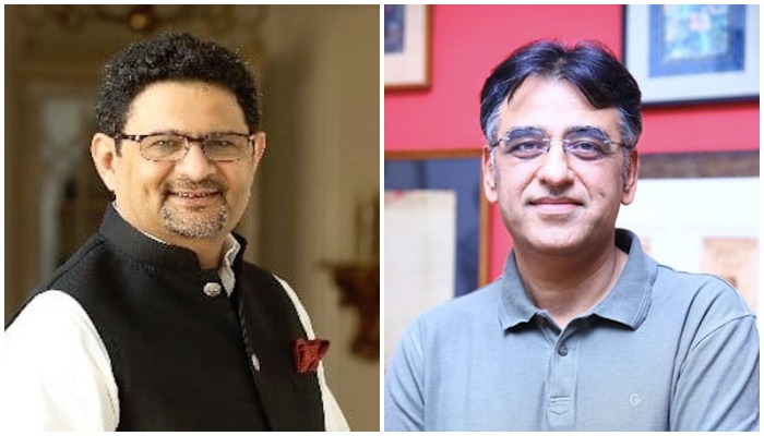 Federal Minister for Finance and Revenue Miftah Ismail (L) and ex-minister for planning and development Asad Umar. — Twitter/File