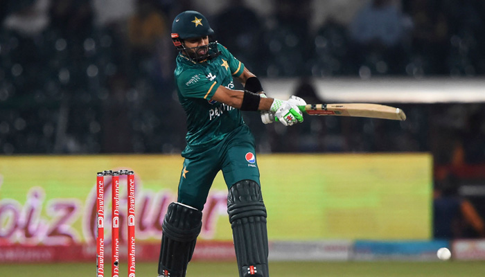 Pakistans Mohammad Rizwan plays a shot during the Twenty20 international cricket match between Pakistan and Australia at the Gaddafi Cricket Stadium in Lahore on April 5, 2022. -AFP