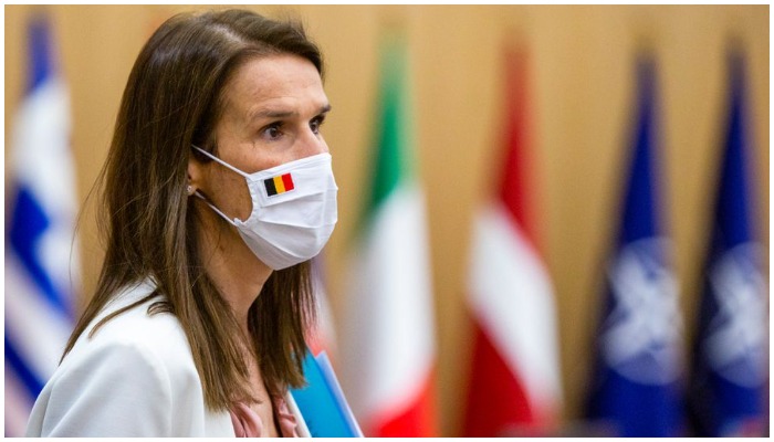 Belgiums Foreign Minister Sophie Wilmes attends a meeting of NATO foreign ministers at the NATO headquarters in Brussels, Belgium, on March 23, 2021. — Virginia Mayo/Pool via Reuters