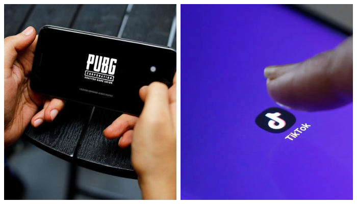 A boy plays Tencent Holdings PUBG videogame on his mobile phone at a cafe in New Delhi, India, September 3, 2020 (left) The logo of the TikTok application is seen on a mobile phone screen in this picture illustration taken February 21, 2019. — Reuters