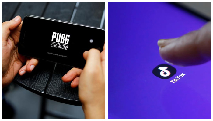 A boy plays Tencent Holdings PUBG videogame on his mobile phone at a cafe in New Delhi, India, September 3, 2020 (left)The logo of the TikTok application is seen on a mobile phone screen in this picture illustration taken February 21, 2019. — Reuters