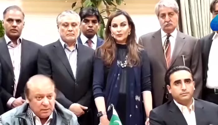 Bilawal Bhutto Zardari, chairman of the PPP (right) addresses a press conference alongside former prime minister Nawaz Sharif in London, United Kingdon, on April 21, 2022. — YouTube/PTVNews