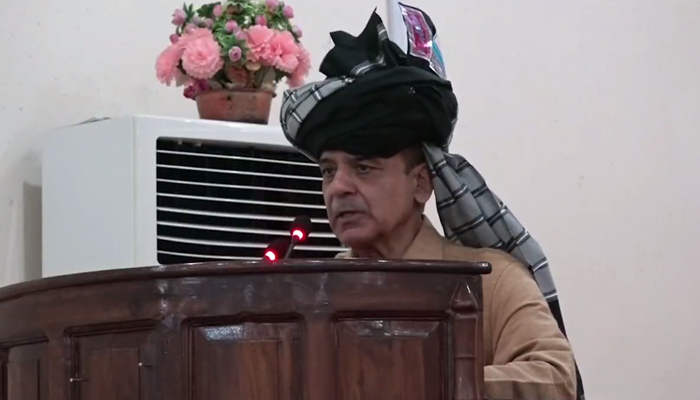 Prime Minister Shehbaz Sharif addressing the tribal elders during his first visit to North Waziristan after assuming office, on April 21, 2022. — Twitter/PakPMO