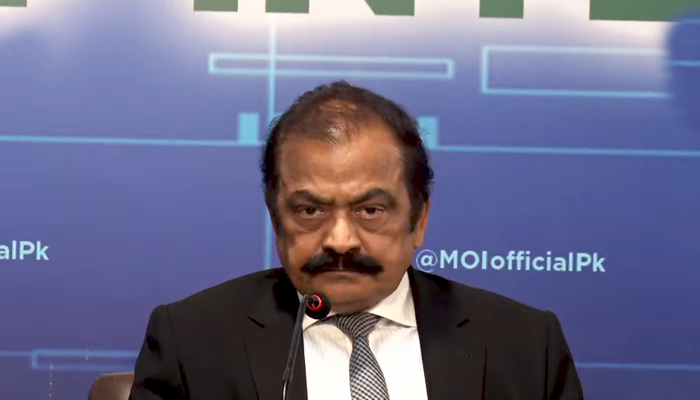 Interior Minister Rana Sanaullah addresses a press conference at the Ministry of Interior in Islamabad, on April 22, 2022. — YouTube/PTV