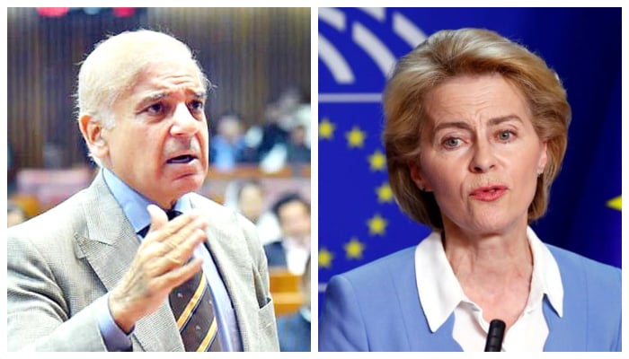 Prime Minister Shehbaz Sharif addressing the National Assembly session in the Parliament House in Islamabad, on April 16, 2022 (left) and European Commission President Ursula von der Leyen briefs the media after the Conference of Presidents of European Parliaments party blocs in Brussels, Belgium, July 10, 2019. — INP/Reuters/File