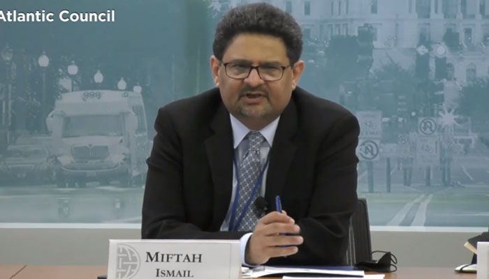 Finance Minister Miftah Ismail speaking during a virtual session ofAtlantic Council’s South Asia Center and GeoEconomics Center. — Atlantic Council Twitter.