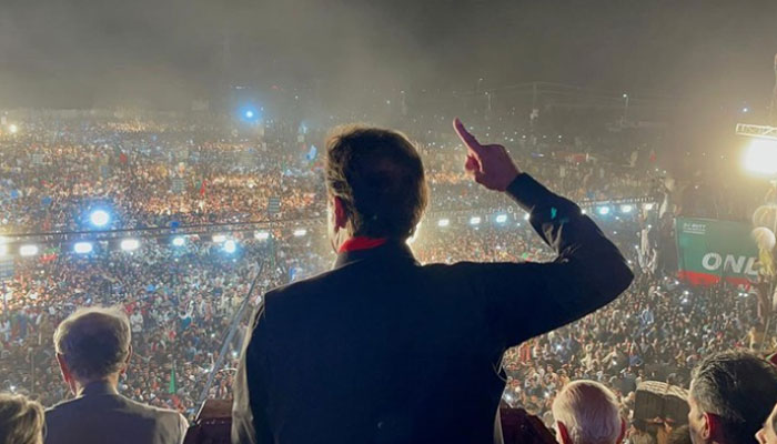 Former prime minister Imran Khan and PTI chairman Imran Khan addressing a public gathering in Peshawar on April 13, 2022. — Instagram/imrankhan.pti