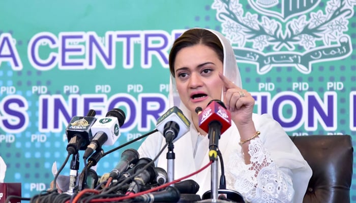 Information Minister Marriyum Aurangzeb addressing a press conference at the Press Information Department (PID) in Islamabad, on April 23, 2022. — PID