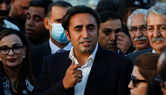 Bilawal Bhutto Zardari, chairman of the Pakistan Peoples Party (PPP), speaks to the media outside the parliament building, in Islamabad, Pakistan March 28, 2022. — Reuters