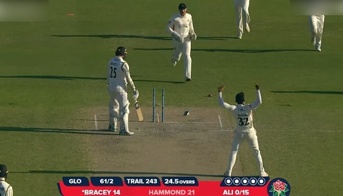 The picture shows Hasan Ali celebrating after taking a wicket in County Championship 2022 in England on March 23, 2022. — Screengrab/Lancashire Cricket Twitter