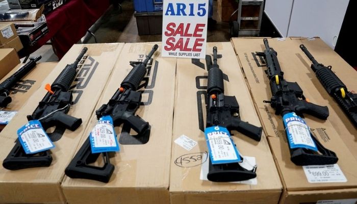 AR-15 rifles are displayed for sale at the Guntoberfest gun show in Oaks, Pennsylvania, U.S., October 6, 2017.—Reuters