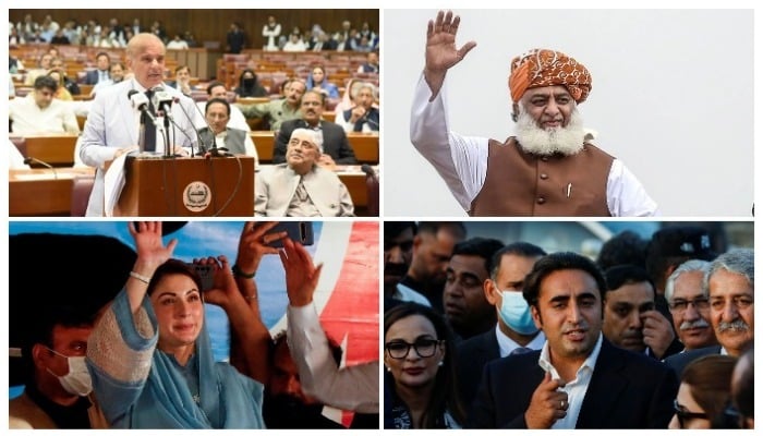 (Clockwise) Prime Minister Shehbaz Sharif, JUI-F chief Maulana Fazlur Rehman, PML-N Vice President Maulana Fazlur Rehman and PPP Chairman Bilawal Bhutto-Zardari. — PID/Reuters/File
