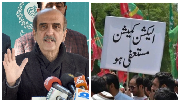 Ex-PTI leader Akbar S Babar addresses a press conference in Islamabad, on February 9, 2022 (left) and a PTI protester holding a placard outside the Election Commission of Pakistans office, on April 26, 2022. — Online/Twitter/asbabar786