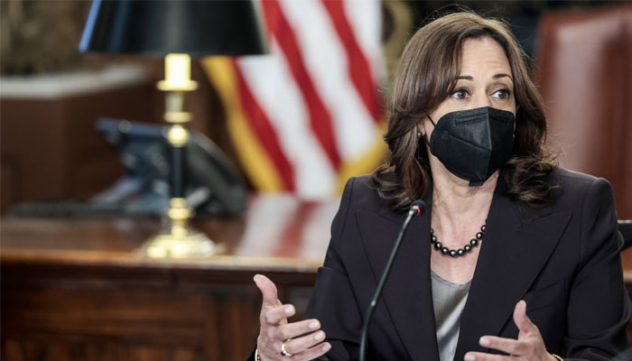 US Vice President Kamala Harris delivers speaks before the start of a roundtable discussion on Black Maternal Health in her ceremonial office in the Eisenhower Executive Office Building on April 13, 2022 in Washington, DC. Photo— AFP