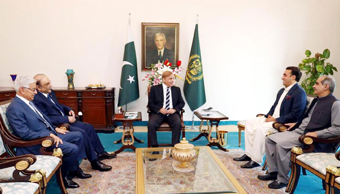 (L to R) Defence Minister Khawaja Asif, PPP Co-Chairman Asif Ali Zardari, Prime Minister Shehbaz Sharif, PPP Chairman Bilawal Bhutto-Zardari, and Railways Minister Khawaja Asif. — APP