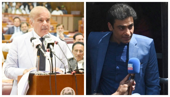 Prime Minister Shehbaz Sharif speaks after winning a parliamentary vote to elect a new prime minister, at the national assembly, in Islamabad, on April 11, 2022 (left) and Hamza Shehbaz, son of Prime Minister Shahbaz Sharif, arrives at the provincial assembly before his election as Chief Minister of Punjab in Lahore on April 16, 2022. — PID/AFP/File