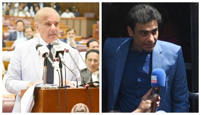 Prime Minister Shehbaz Sharif speaks after winning a parliamentary vote to elect a new prime minister, at the national assembly, in Islamabad, on April 11, 2022 (left) andHamza Shehbaz, son of Prime Minister Shahbaz Sharif, arrives at the provincial assembly before his election as Chief Minister of Punjab in Lahore on April 16, 2022. — PID/AFP/File