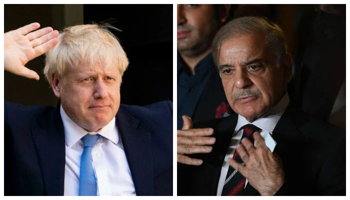 Prime Minister Shehbaz Sharif speaks during a press conference with other parties leaders in Islamabad on April 7, 2022, after a Supreme Court verdict (right) and UK Prime Minister Boris Johnson at the Conservative party headquarters in central London. — AFP/File