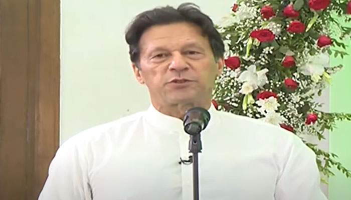 PTI Chairman Imran Khan addressing the dua held at his residence on account of 27th of Ramadan. — Screengrab/Geo News