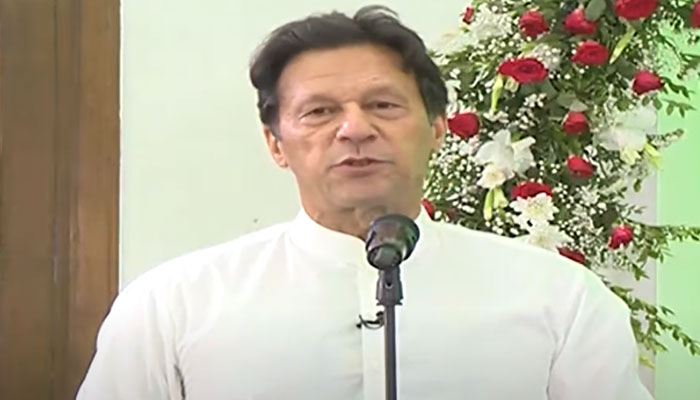 PTI Chairman Imran Khan addressing the dua held at his residence on account of 27th of Ramadan. — Screengrab/Geo News