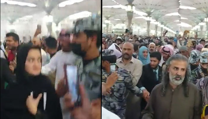 Picture collage of Marriyum Aurangzeb (left) and Shahzain Bugti during a visit to Masjid-e-Nabawi (PBUH) in Medina. — Screengrab from a video shared by Fawad Chaudhry on Twitter