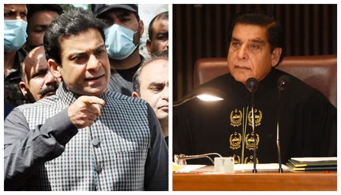 Punjab Chief Minister-elect Hamza Shahbaz Sharif talks to journalists during a press conference in Lahore, on March 25, 2022 (left) and Speaker of National Assembly Raja Pervaiz Ashraf chairs a session of the National Assembly in Islamabad in this undated photo. — PPI/Twitter/File