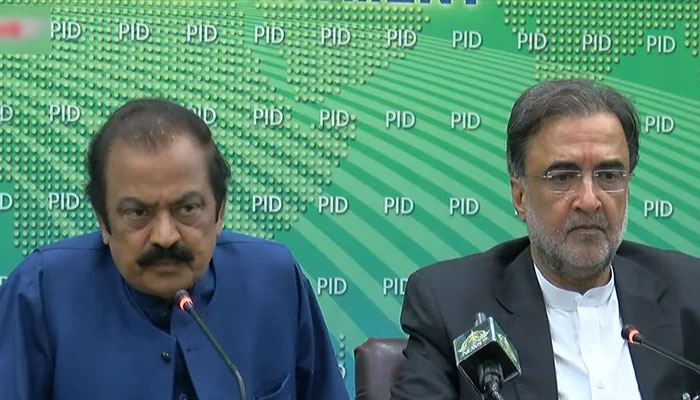 Federal Interior Minister Rana Sanaullah (left) and PM Adviser Qamar Zaman Kaira addressing a press conference in Islamabad. — Screengrab