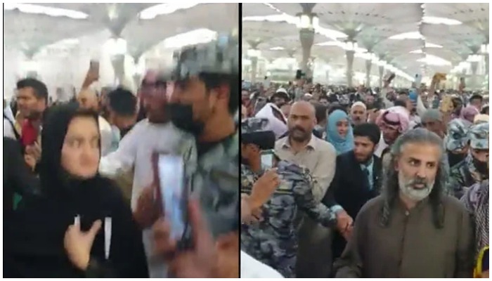 Picture collage of Marriyum Aurangzeb (left) and Shahzain Bugti during a visit to Masjid-e-Nabawi (PBUH) in Medina. — Screengrab from a video shared by Fawad Chaudhry on Twitter