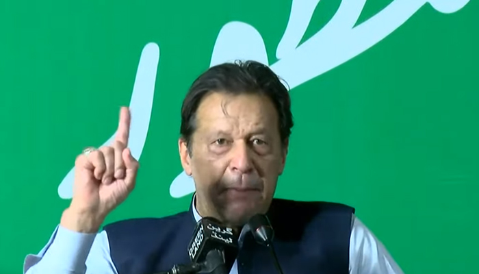 PTI Chairman Imran Khan addressing a PTI workers convention in Multan, on April 29, 2022. — YouTube/HumNewsLive