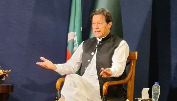 Chairman PTI Imran Khan during interview on private TV channel. Photo— PTI Twitter