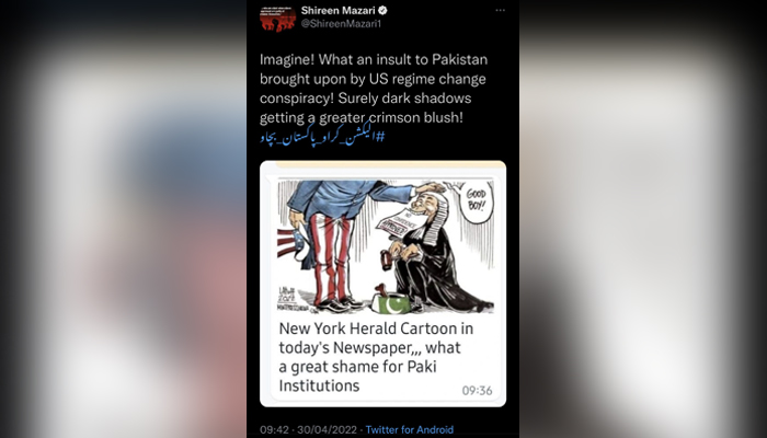The doctored image of the New York Herald was shared byformer human rights minister Shireen Mazari on her Twitter handle, on April 30, 2022. — Twitter
