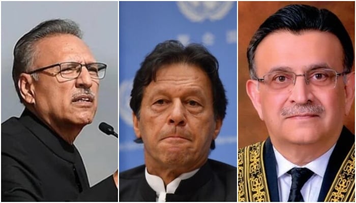 (L to R) President Arif Alvi, PTI Chairman Imran Khan and Chief Justice of Pakistan Umar Ata Bandial. — AFP/Supreme Court website