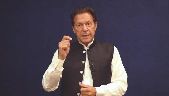 Ousted prime minister and PTI Chairman Imran Khan speaking during a video statement from Islamabad, on April 30, 2022. — Twitter/PTIofficial