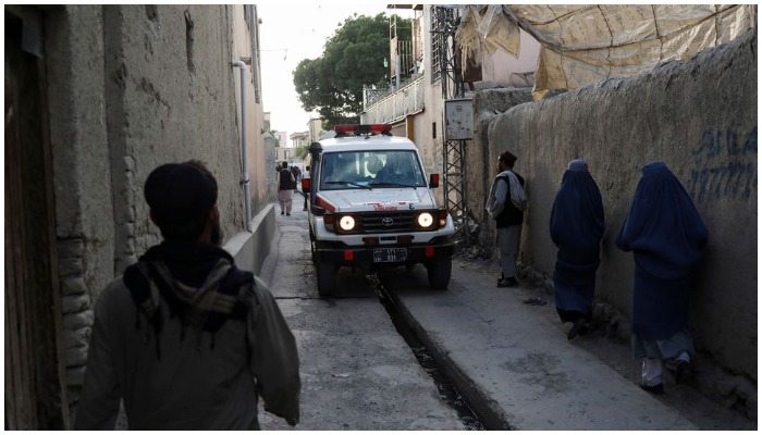 An Ambulance is seen near the site of explosions at Khalifa Sahib Mosque in Kabul, Afghanistan April 29, 2022. — Reuters