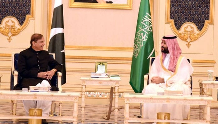 Prime Minister Shehbaz Sharif meets Saudi Crown Prince Muhammad bin Salman. Photo: Radio Pakistan.