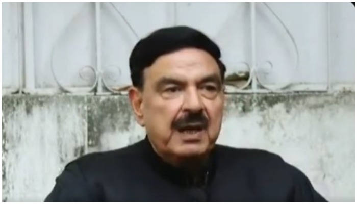 Former interior minister Sheikh Rasheed Ahmed speaking during a press conference in Islamabad on Sunday, May 1, 2022. — Screengrab via Twitter/ Murtaza Ali Shah