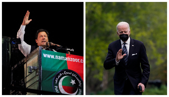 Ousted Pakistani Prime Minister Imran Khan gestures as he addresses supporters during a rally, in Lahore, Pakistan April 21, 2022 (left) and US President Joe Biden waves after disembarking from Marine One on the South Lawn at the White House in Washington, US, May 1, 2022. — Reuters