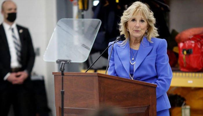 US First Lady Jill Biden delivers remarks during a closed discussion and book reading event with US military families and Blue Star families at the US Coast Guard Air Station Miami in Opa-Locka Executive Airport, in Opa-Locka, Florida, US February 18, 2022. — Reuters/File