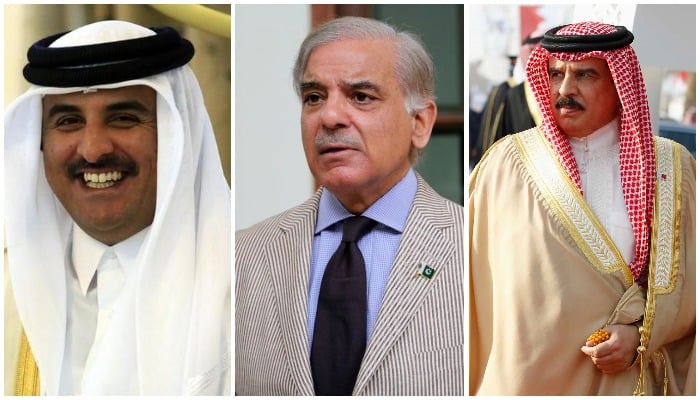 (Left to right)Qatars Emir Sheikh Tamim bin Hamad al-Thani, Prime Minister of Pakistan Shehbaz Sharif, andBahrainian King Hamad bin Isa Al Khalifa. — Reuters/File