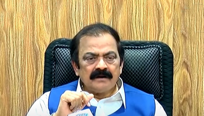 Interior Minister Rana Sanaullah addressing a press conference in Faisalabad, on May 3, 2022. — YouTube/PTVNews