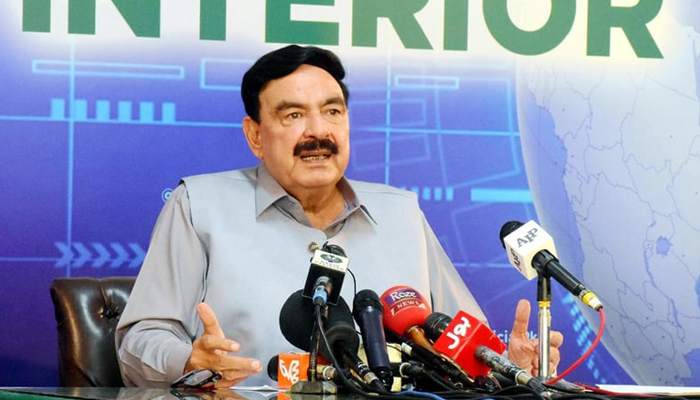 Interior Minister Sheikh Rasheed Ahmed addresses a press conference in Islamabad. — PID/File