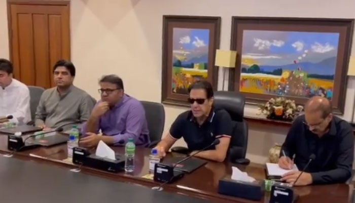 Former prime minister and PTI chairman Imran Khan chairs the core committee meeting in Bani Gala on May 3, 2022. — Twitter/PTIofficial