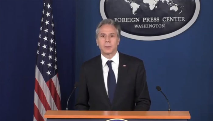 US Secretary of State Antony Blinken speaking during a press briefing at US state department. Photo— screen grab of You Tube US state department