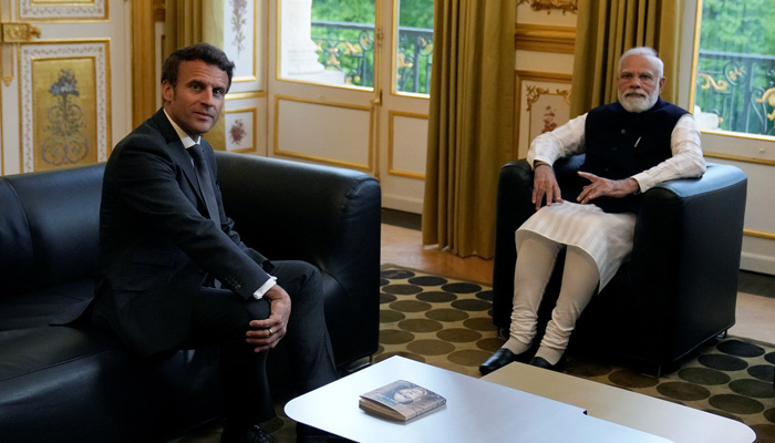 French President Emmanuel Macron meets Indian Prime Minister Narendra Modi at the Elysee palace in Paris, France, May 4, 2022. -REUTERS