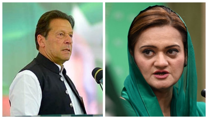 PTI Chairman Imran Khan (L) and Information Minister Marriyum Aurangzeb. — APP/AFP/File