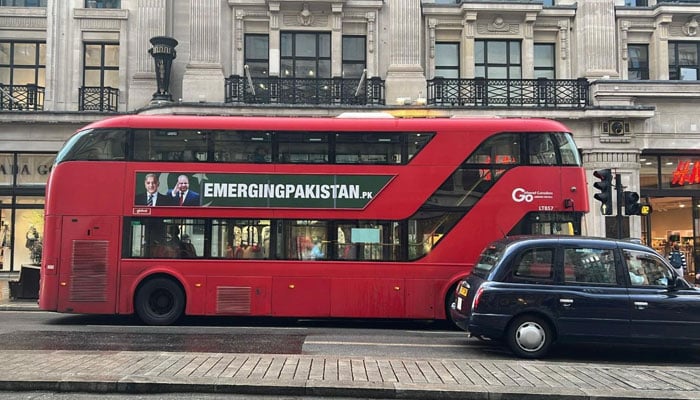 ‘Emerging Pakistan’ campaign features pictures of PML-N supremo Nawaz Sharif and PM Shehbaz Sharif on London buses. — Reporter
