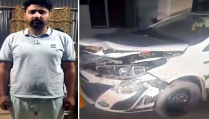 Wajahat Ali (L) was driving the car (in the picture) when the incident took place on the motorway. — Screengrab Geo News