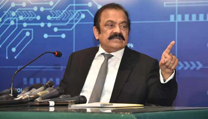 Federal Minister for Interior Rana Sanaullah Khan addressing a press conference in Islamabad. — PID/File