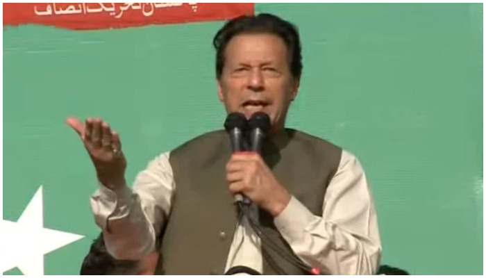 PTI Chairman Imran Khan addressing a jalsa in Abbottabad on Sunday, May 8, 2022. — Screengrab via YouTube/ Geo News Live