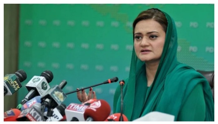 Information Minister Marriyum Aurangzeb speaking during a press conference. — PID
